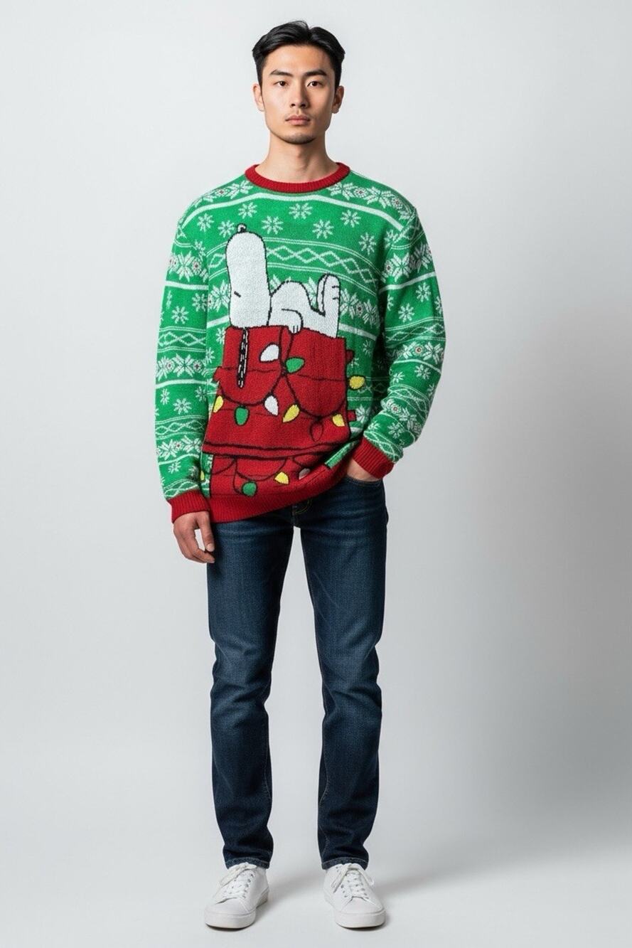 Peanuts Snoopy Ugly Xmas Sweater Green Holiday Lights Doghouse Men's XL